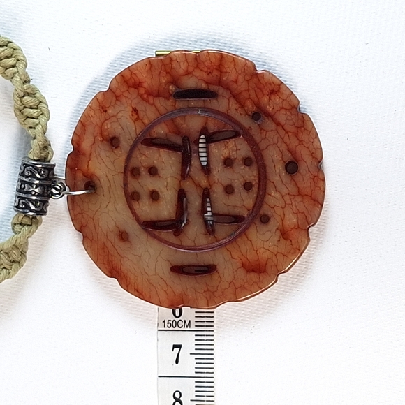 Macrame Cord Chinese Carved Red Stone Medallion Necklace - Picture 3 of 10